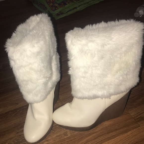 white fur wedge boots